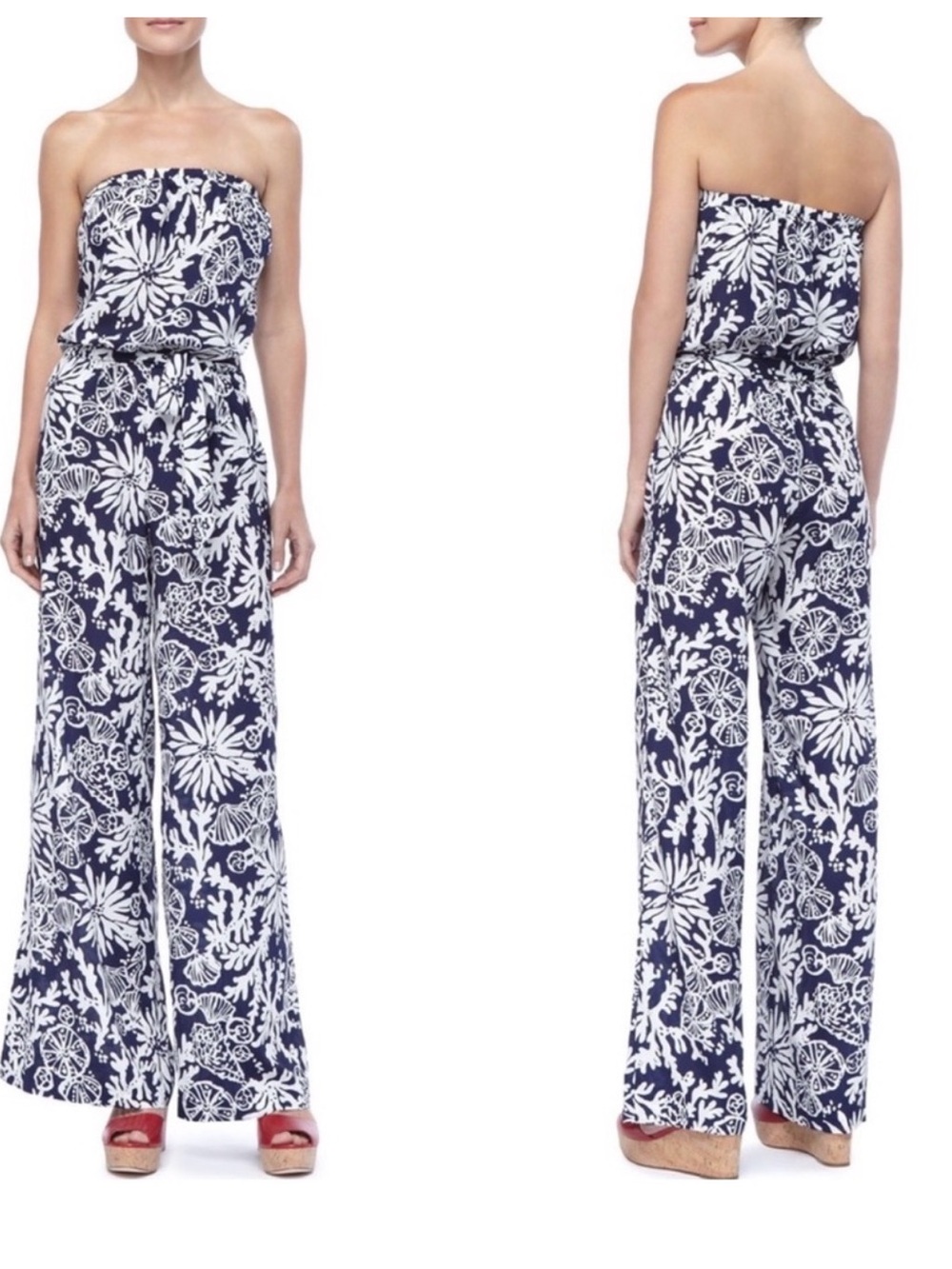 Lilly Pulitzer Navy and White Strapless Farrah Floral Jumpsuit